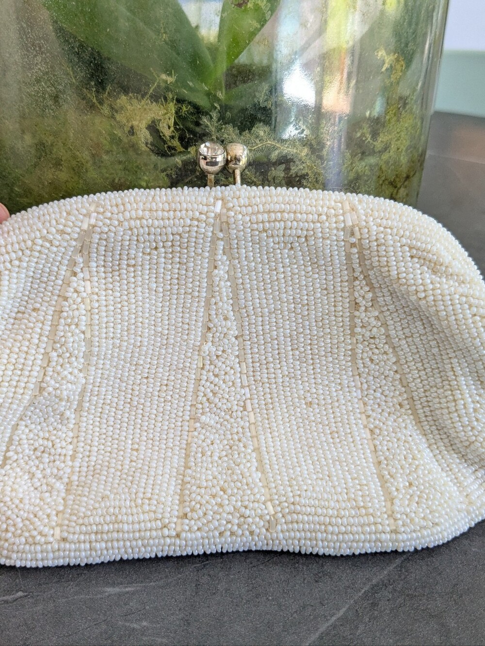 Vintage 1950s Beaded White Evening Clutch with Chain Strap